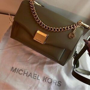 Michael Kors Lita Medium leather Olive Crossbody Bag with Gold Chain
